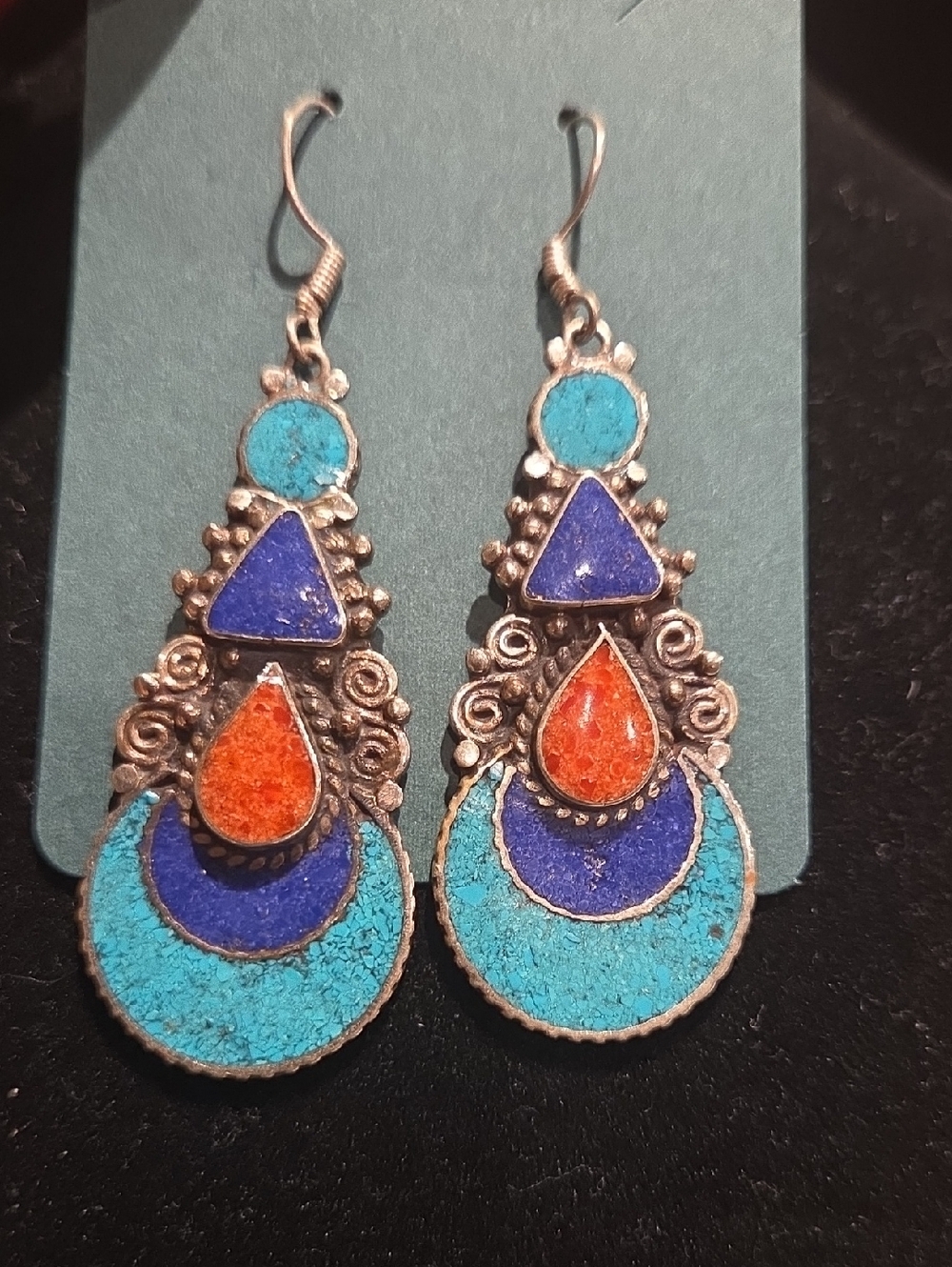 Colorful Teardrop Statement Earrings - Turquoise, Royal Blue & Orange